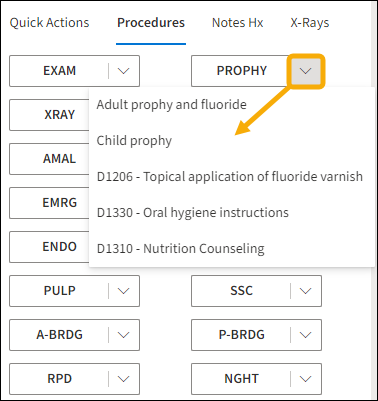 Procedures tab with yellow highlight box around the prophy dropdown arrow and a yellow arrow pointing down to the menu list.